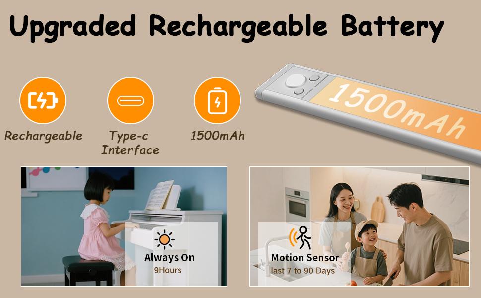 Under Cabinet Lights 76LED Motion Sensor Night Light Indoor Magnetic Dimmable 1500mAh USB Rechargeable for Kitchen Wardrobe Stairs Easy Install 2Packs