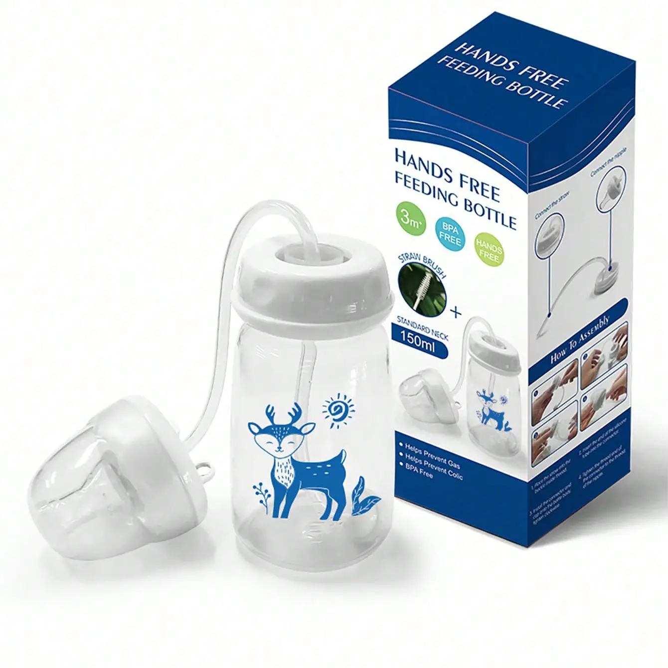1pc 5oz/150ml Hands-Free Normal Neck Toddler Milk Bottle - Nursing-Friendly Baby Bottles & Accessories with Screw Lid, Straw Brush, Anti-Colic Nipple, Anti-Colic Tip, Pink Christmas Gift, Newborn Nursing Bottle, Feeding Accessories