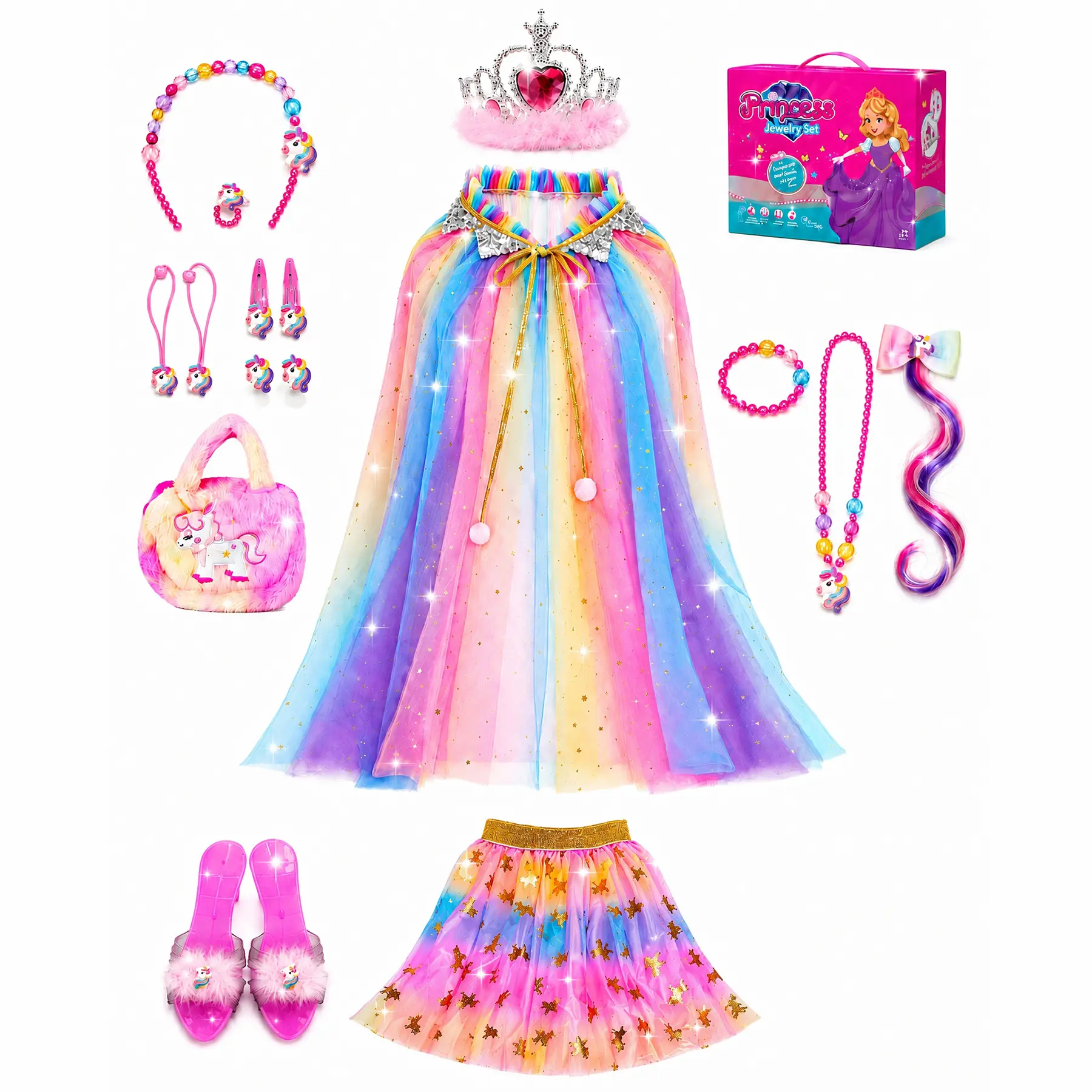 Princess Dress-Up Boutique for Girls Ages 3–6 | Set Includes 1 Skirt, 1 Cape & Plush Handbag; Also Features Crystal Heels, Crown, Beaded Headband, Braided Hairpiece, Barrette, Necklace & Bracelet | Role-Play, Halloween & Birthday Gift