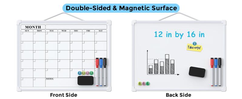 MaxGear 16"x12" Double-Sided Monthly Calendar Dry Erase Board for Wall Hanging Whiteboard with 3 Markers & 4 Magnets Portable for Students Planning Drawing Memo To-Do List