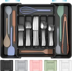 Extra Large Expandable Silverware Organizer, Bpa-Free Food-Safe Cutlery Flatware Organizer, Kitchen Utensil Drawer Organizer, Adjustable Silverware Holder for Spoons Forks Knives, Black Ukeetap
