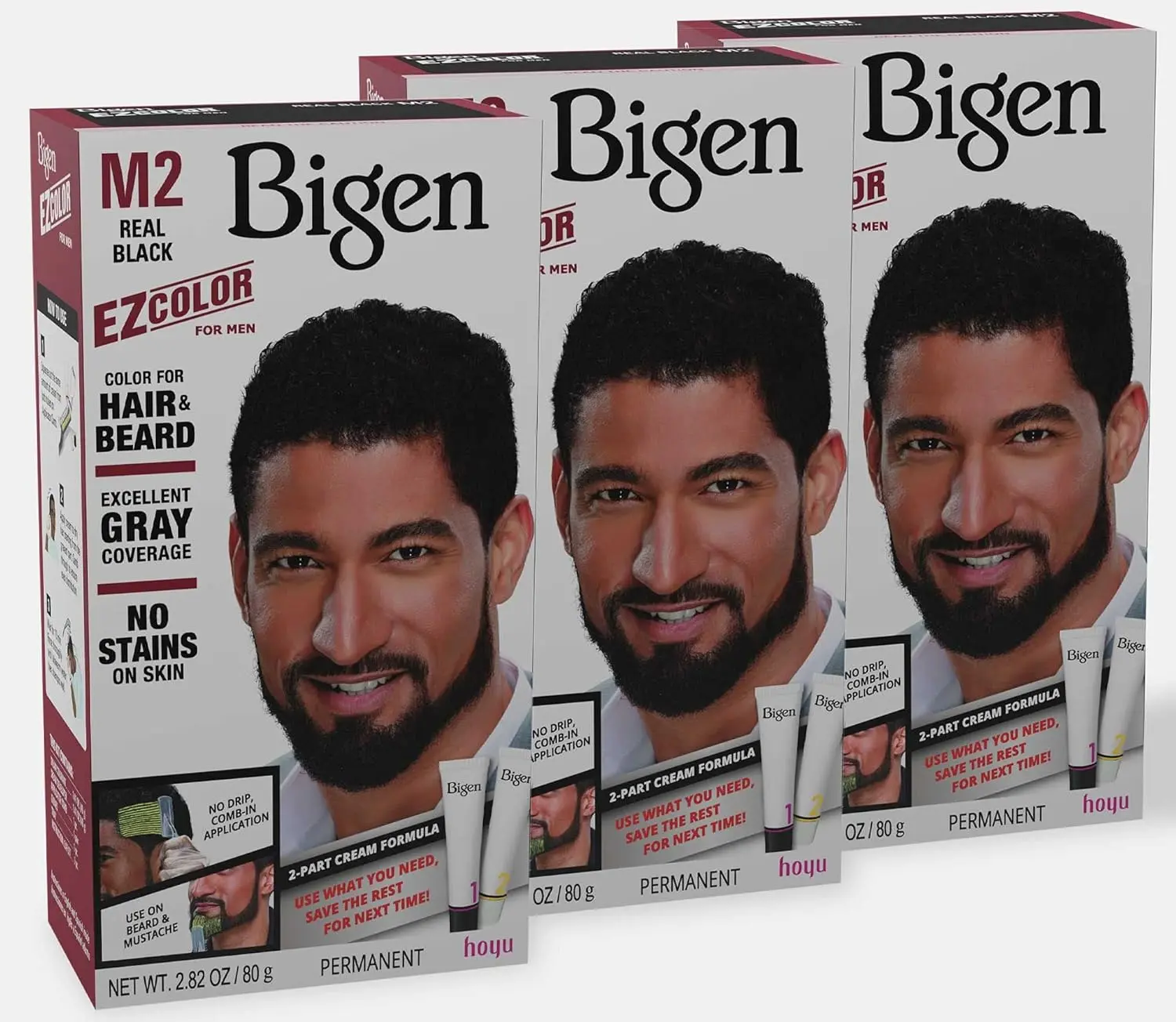 Men's Hair & Beard Dye Cream for Gray Coverage, M2 Real Black - No-Mess Permanent Hair Color for Root Touch Up, 3-Pack, Cover Grey Hair