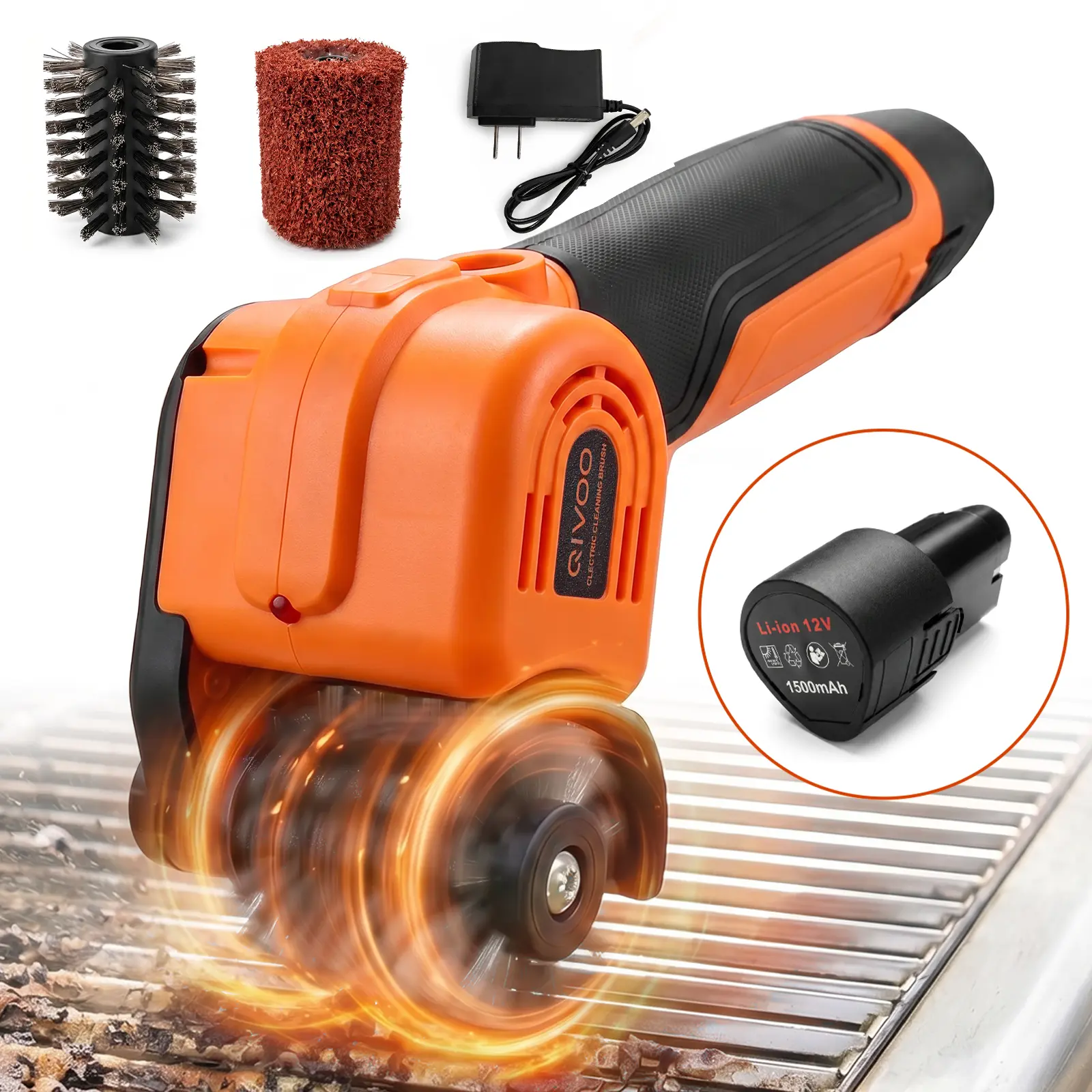 QIVOO Cordless Electric BBQ Grill Brush, 4800 RPM, 2 Replaceable Heads | 4800 RPM electric BBQ grill brush with replaceable battery,2 brush heads,304 stainless steel bristles,splash-proof design