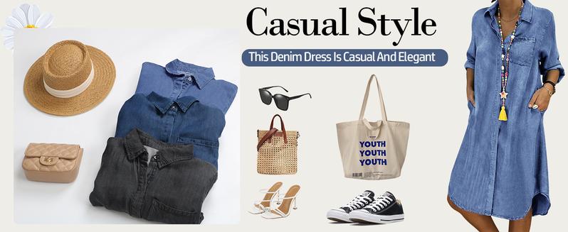 utcoco Denim Dress for Women 2026 Casual Loose Long Sleeve Classic Vintage Button Down Jean Shirt Dresses with