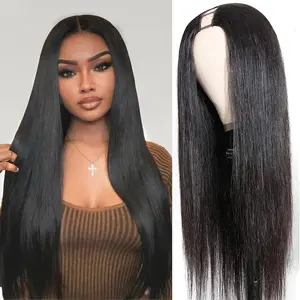 V Part Wigs 24inch Straight Synthetic Hair Wigs for Black Women Upgrade U Part Wigs Glueless Full Head Clip In Half Wig V Shape Wig No Leave Out 180% Density Natural Color