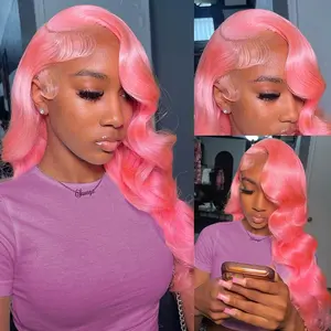 Pink Wigs Human Hair Body Wave Lace Front Wig 30 Inch Hot Pink 180% Density HD Transparent Lace Frontal Glueless Wig for Women