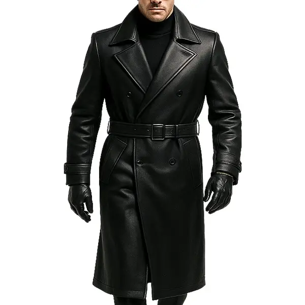 Men’s Black Leather Trench Coat – Double-Breasted Long Belted Overcoat