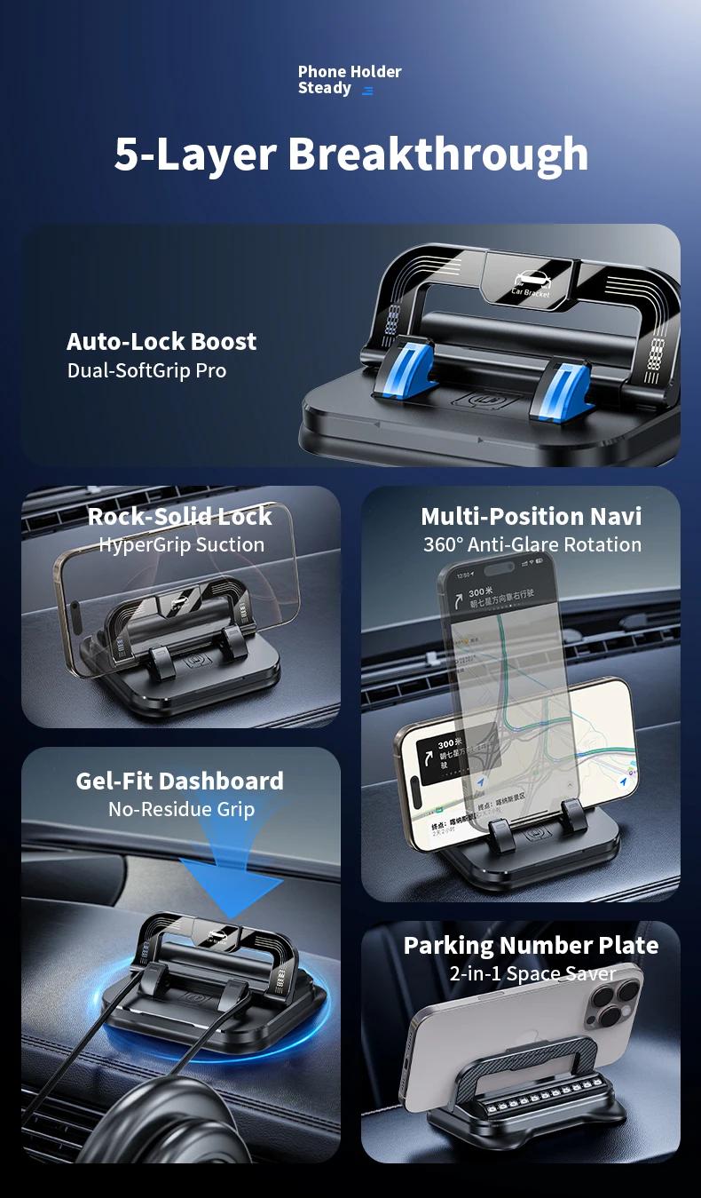 Car phone holder, portable mobile phone holder, stable and durable.In-built parking number plate function, quickly switch to a phone number plate.