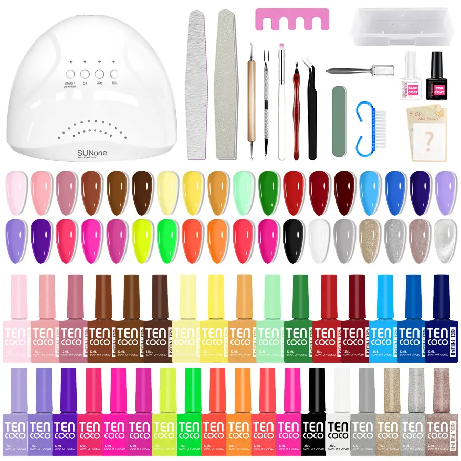 Tencoco 51 Pcs Gel Nail Polish Kit 35 Colors with Crystal Cat Eye Nail Art Tools Set UV Light Translucent Glossy Formula Perfect Gift for Women Shiny Buff Nail