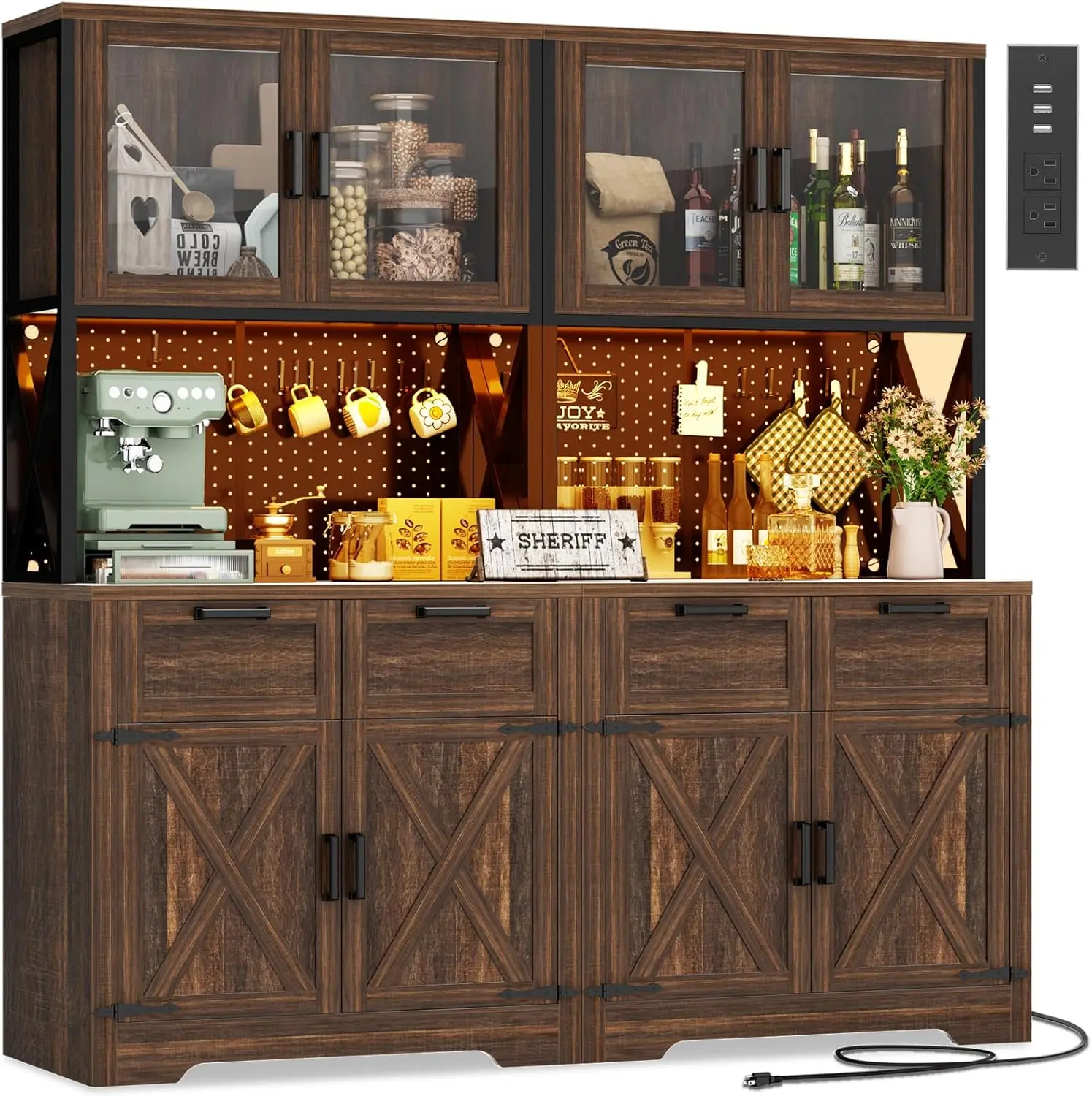 Unikito Sturdy MDF Wood 71" Tall Kitchen Cupboard - 63" Wide Countertop, Drawers and Cabinets, LED RGB Lights, USB Outlet, DIY Pegboard, Indoor Storage Furniture (Weathered Brown), Furniture For Kitchen