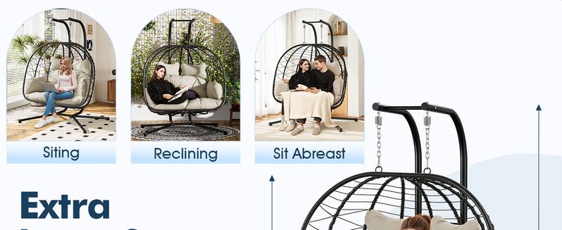 【Valentine's Day gift】Double Hanging Egg Chair with Cushion, 700lbs Capacity - Foldable Patio Chair with Handwoven PE Wicker & Rust-Proof Frame, for Garden, Porch, Backyard Soft Lounge Swing