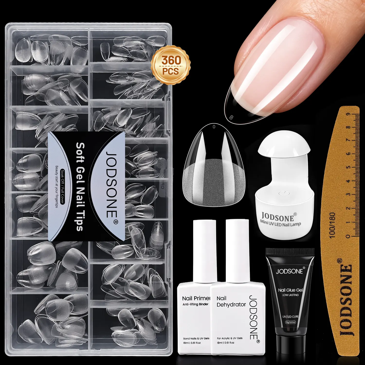 JODSONE Soft Gel Nail Tips Kit 360Pcs Short Almond Clear False Nails with Nail Glue Gel, Mini UV Lamp, Dehydrator Primer Nail File, DIY Home Manicure Set for Beginners