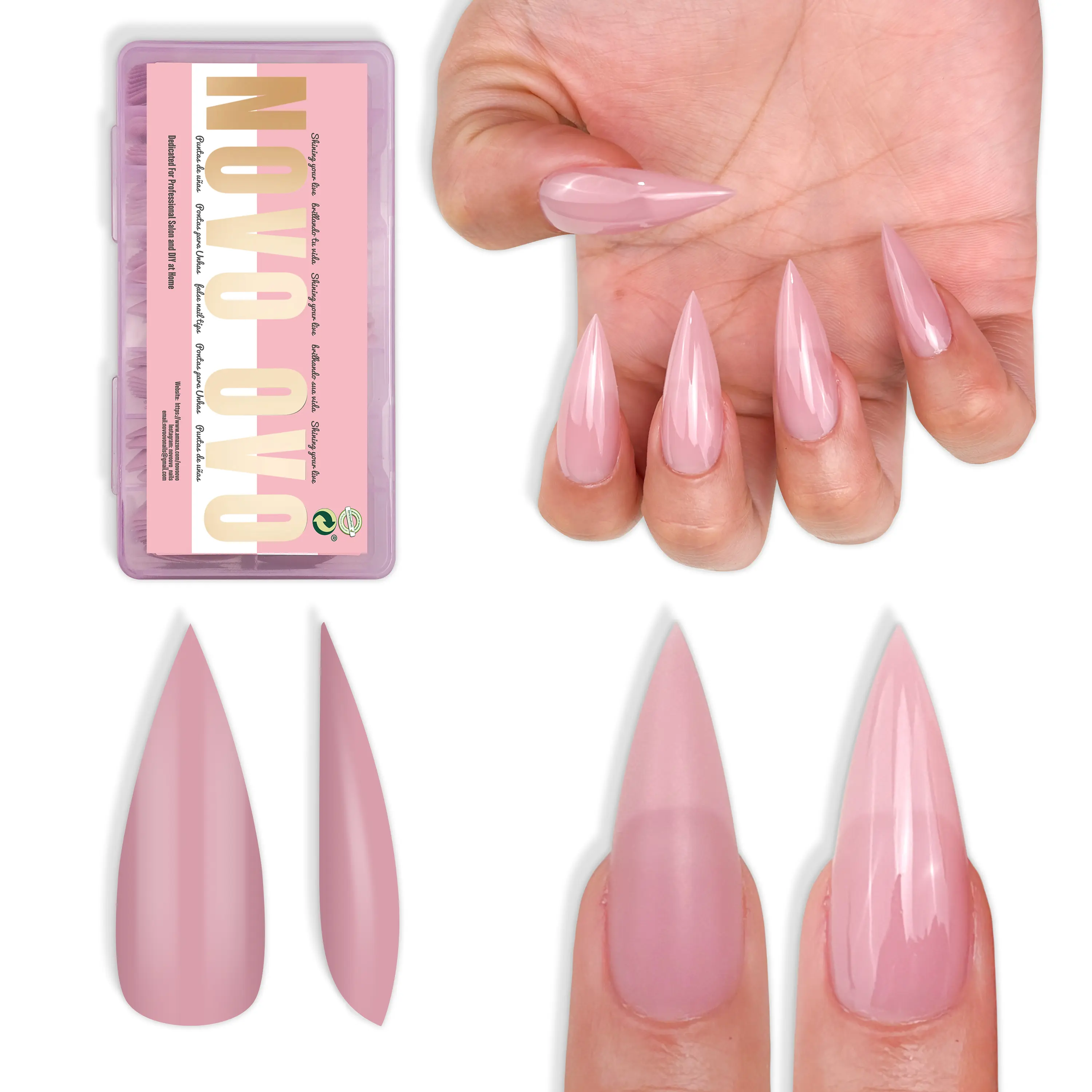 NOVO OVO Press on Nails, Soft Gel Full Cover Tips for Nail Extension, Sharp Stiletto Shape in Berry Pink, Medium Long Length, 224 Pcs, 16 Sizes, Acrylic Press On Nails