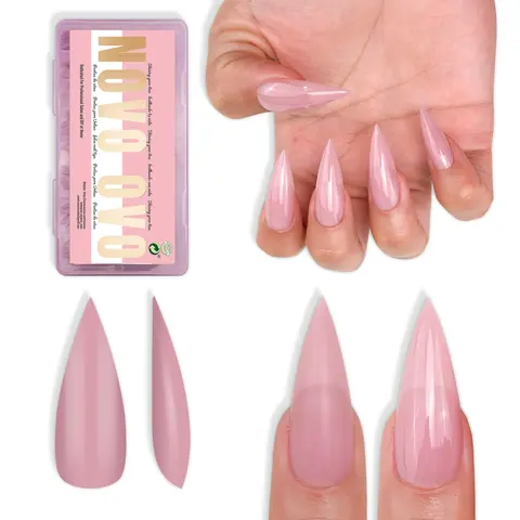 NOVO OVO Chic Easy-to-Apply Soft Gel Press on Nails - Full Cover Acrylic Tips, Sharp Stiletto Berry Pink, Medium Long Length, 224 Pcs, 16 Sizes, Stick & Glue, Nail Supplies with Box, Compatible with Polish, At-Home Extension Solution
