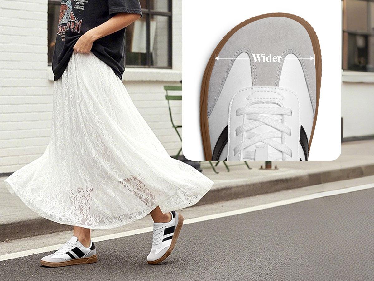 Women’s wide toe box barefoot zero-drop fashion sneakers made from vegan leather, minimalist walking shoes