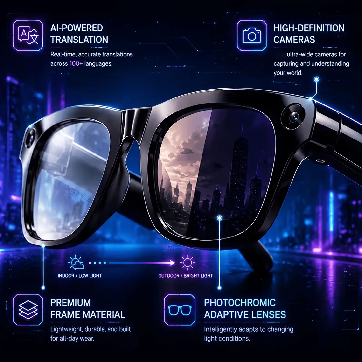 AI Smart Wearable Glasses - 800MP Camera, 1080P HD, Touch-Voice Control, Wireless Audio Calls, AI Recording, 27-Language Translation, Photochromic Lenses, Ideal for Meeting Minutes, Travel, Recording Glasses Multifunctional Smart Glasses Video Camera Glas
