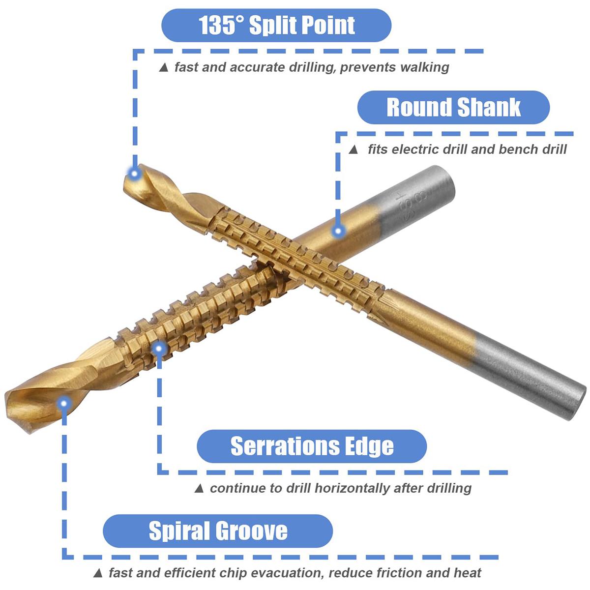 8 Pack Titanium Coated HSS Twist Drill Bits, 3-8mm Serrated Side Cutting Drill Bit Woodworking Tools for Plastic Metal Wood Hole