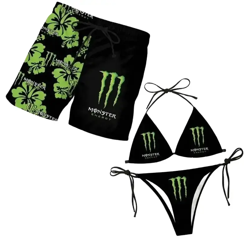 Matching Green Monster Energy Swimwear for Couples, Women's Bikini Set & Men's Beach Shorts, Stylish Summer Vacation Beach Outfit