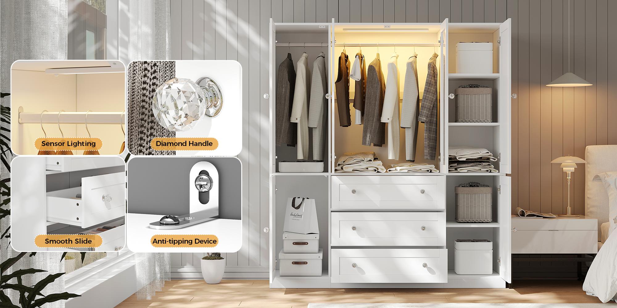【2 Package Deliver】VOWNER White Large 4 Doors with Glass door Wardrobe with Side Cabinets 3 Drawers Motion Sensor Lighting 3 Color Modes Adjustable Brightness & Aluminum Alloy Hanging Rod