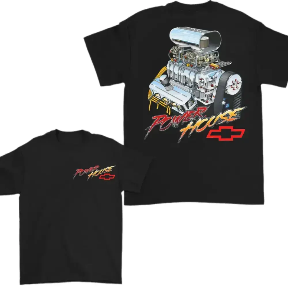 Powerhouse Engine T-Shirt, Supercharged V8 Engine Graphic, High Performance Muscle Engine Graphic Shirt for Car Mechanics & Hot Rod Enthusiasts, Classic American Car Culture Apparel