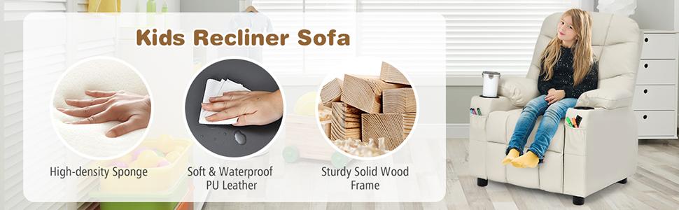 COSTWAY Kids Recliner Chair with Cup Holder, Adjustable Lounge Chair w/Footrest & Side Pockets for Children Boys Girls Room, Ergonomic Toddler Furniture Sofa, Kids Recliner,Christmas Festival Gift Black Friday Cyber Monday