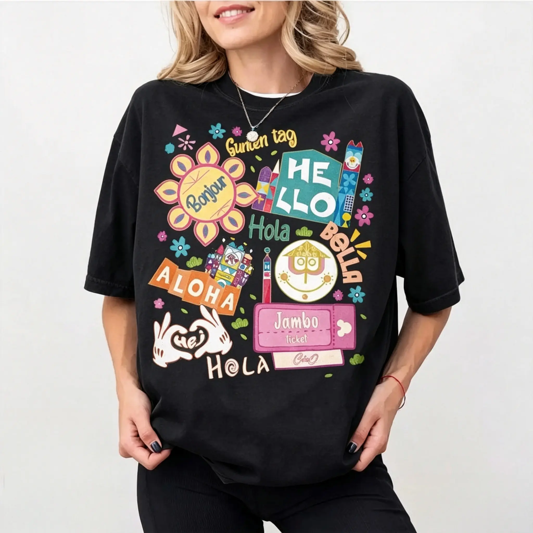 Women's Cotton Short-Sleeve Casual T-Shirt - Smooth, Comfortable Retro Magical Kingdom Family Trip Top with Multicultural Hello Languages Graphic, Global Friendship Theme Park Vacation Apparel