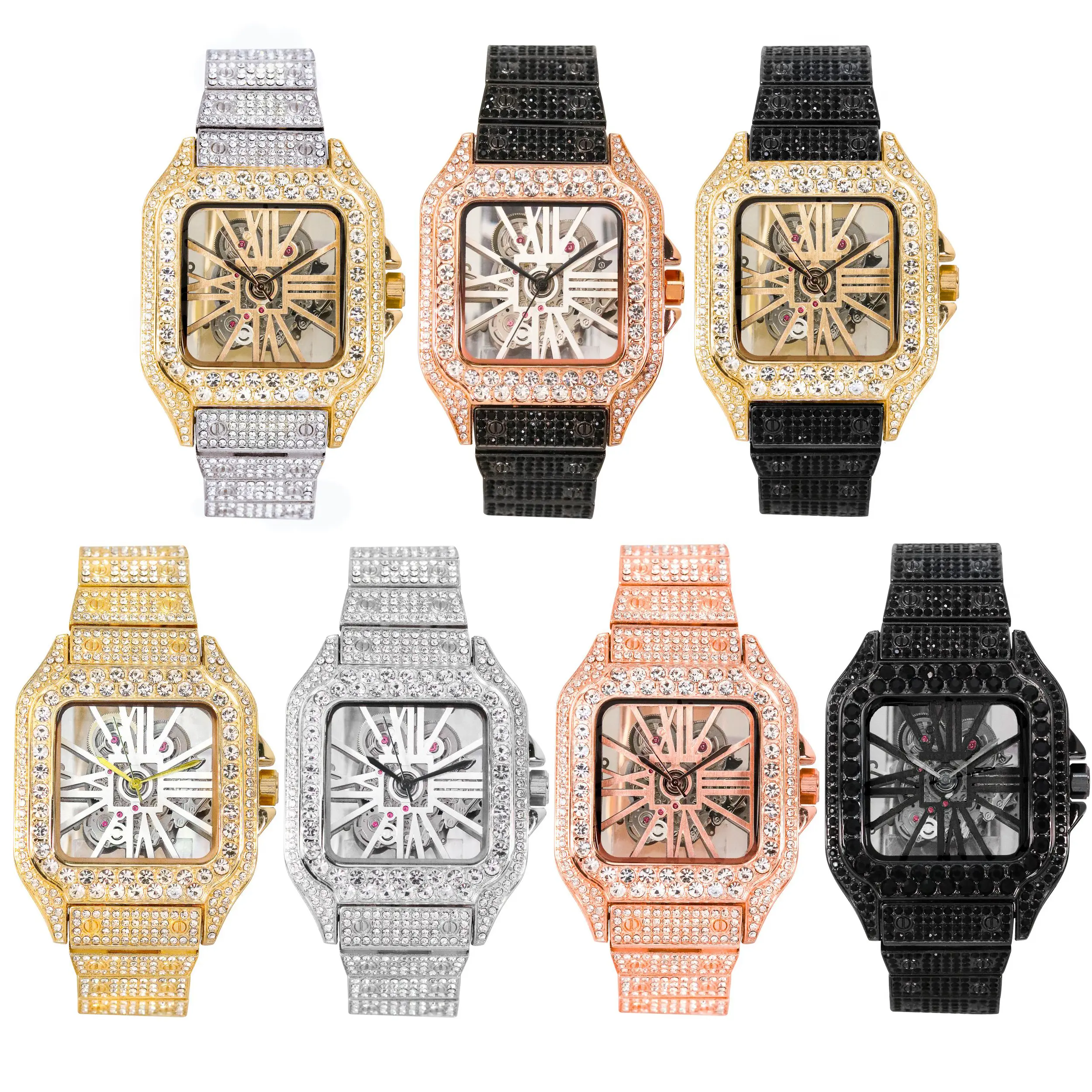 MaxBling81 Men's Fully Iced Out Square Metal Watch - VVS Diamond Simulant, 40mm Rectangle Skeleton Dial, Quartz Movement, Adjustable Links, Removable Band, Deployment Clasp, Multi-Color Crystal-Embellished Luxury Analog Wristwatch, Vvs Diamond Simulate