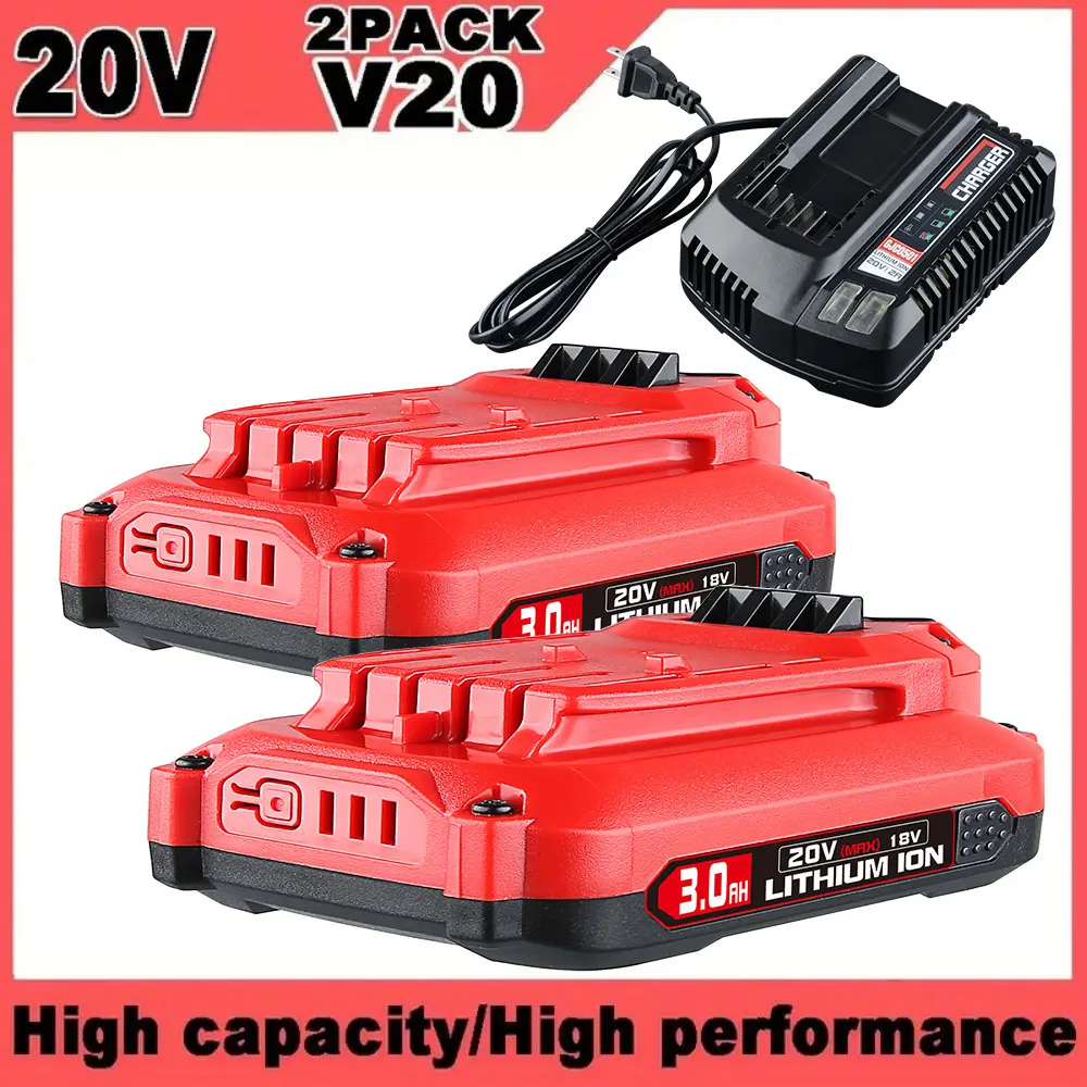 Craftsman V20 Power Tool Battery & Charger Kit (2-Pack 20Volt 3.0Ah Lithium Ion) for Craftsman Users, with LED Battery Display, Over-Charging Protection, ROHS Certified, Compatible with CMCB202, CMCB204, CMCB206, CMCB201, CMCB100, CMCB124, High Output Bat
