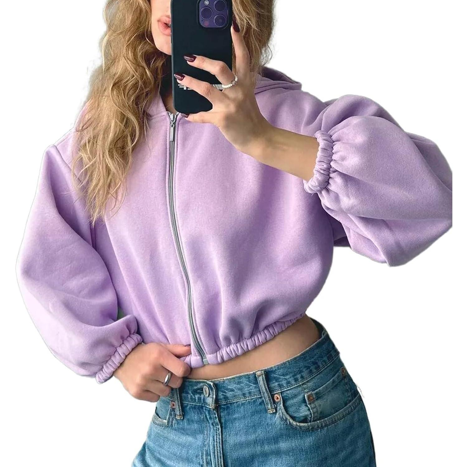 BIGWIG Cropped Zip Up Hoodies for Women Oversized Long Sleeve Casual Loose Short Sweatshirt 90s Hooded Crop Jacket Top BIGWIG Cropped Zip Up Hoodies for Women Oversized Long Sleeve Casual Loose Short Sweatshirt 90s Hooded Crop Jacket Top