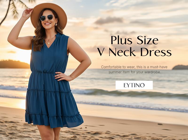 Eytino Womens Plus Size Sleeveless V Neck Drawstring Ruffle Tiered Chiffon Mini Short Dresses,(1X-5X) Eytino Womens Plus Size Sleeveless V Neck Drawstring Ruffle Tiered Chiffon Mini Short Dresses,(1X-5X)