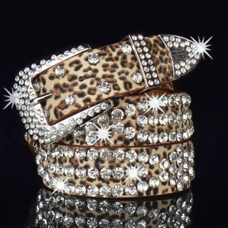 Women's Fashion Leopard Print Studded Rhinestone Belt PU Leather Bling Crystal Adjustable Glitter Waistband for Club Party