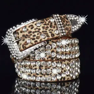 Women's Fashion Leopard Print Studded Rhinestone Belt PU Leather Bling Crystal Adjustable Glitter Waistband for Club Party