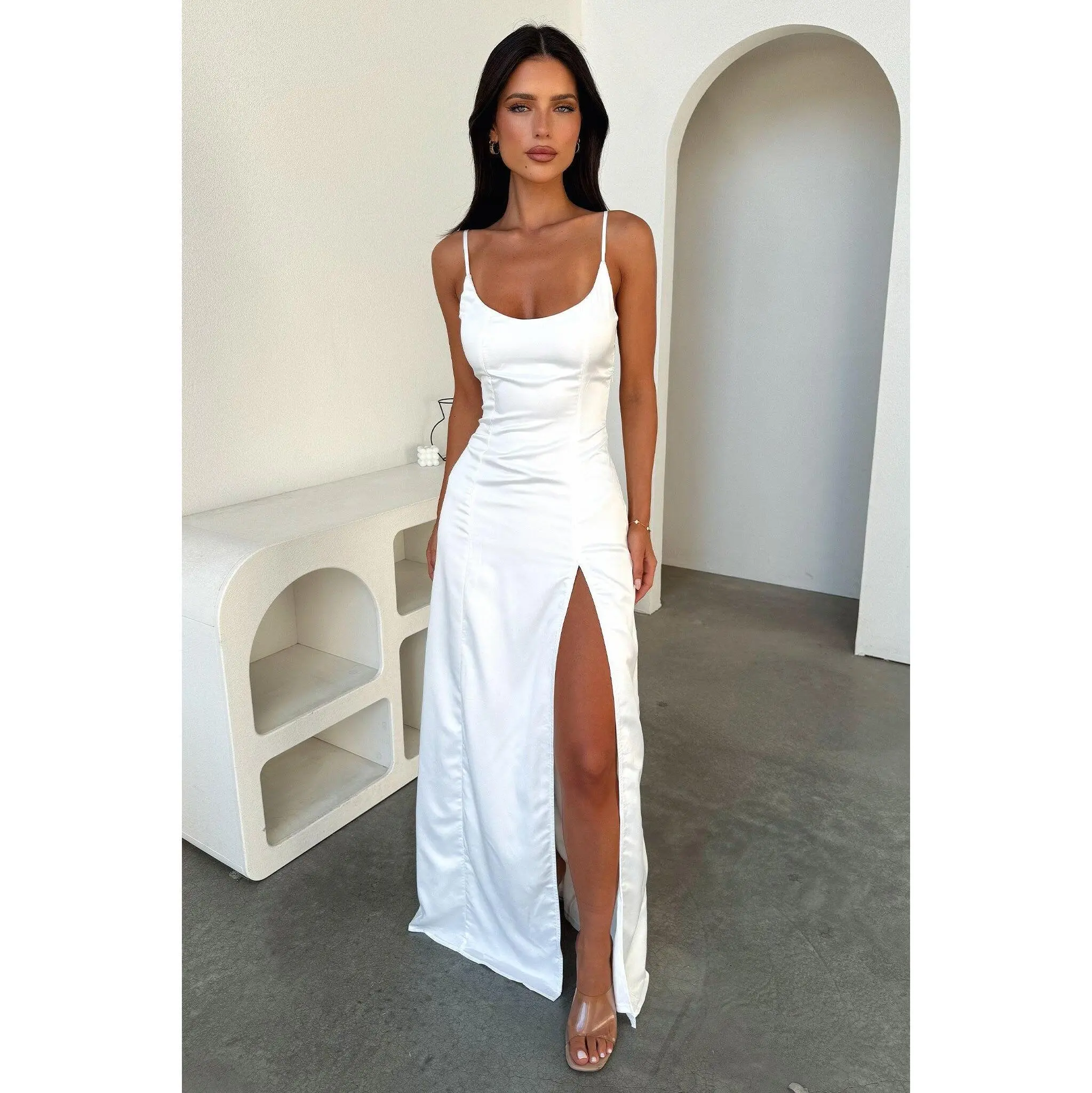 Violetta Scoop Neck Satin Maxi Dress - White