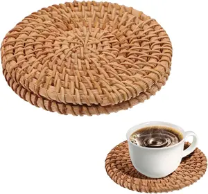 Eco-Friendly Natural Rattan Coasters, Handwoven Boho Round Cup Mats for Table Protection & Home Decor