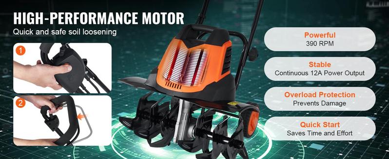 VEVOR 10/12 Amp Electric Tiller,  Corded Electric Tiller/Cultivator, Steel Mn Tines, Rototiller for Garden Lawn Soil Digging