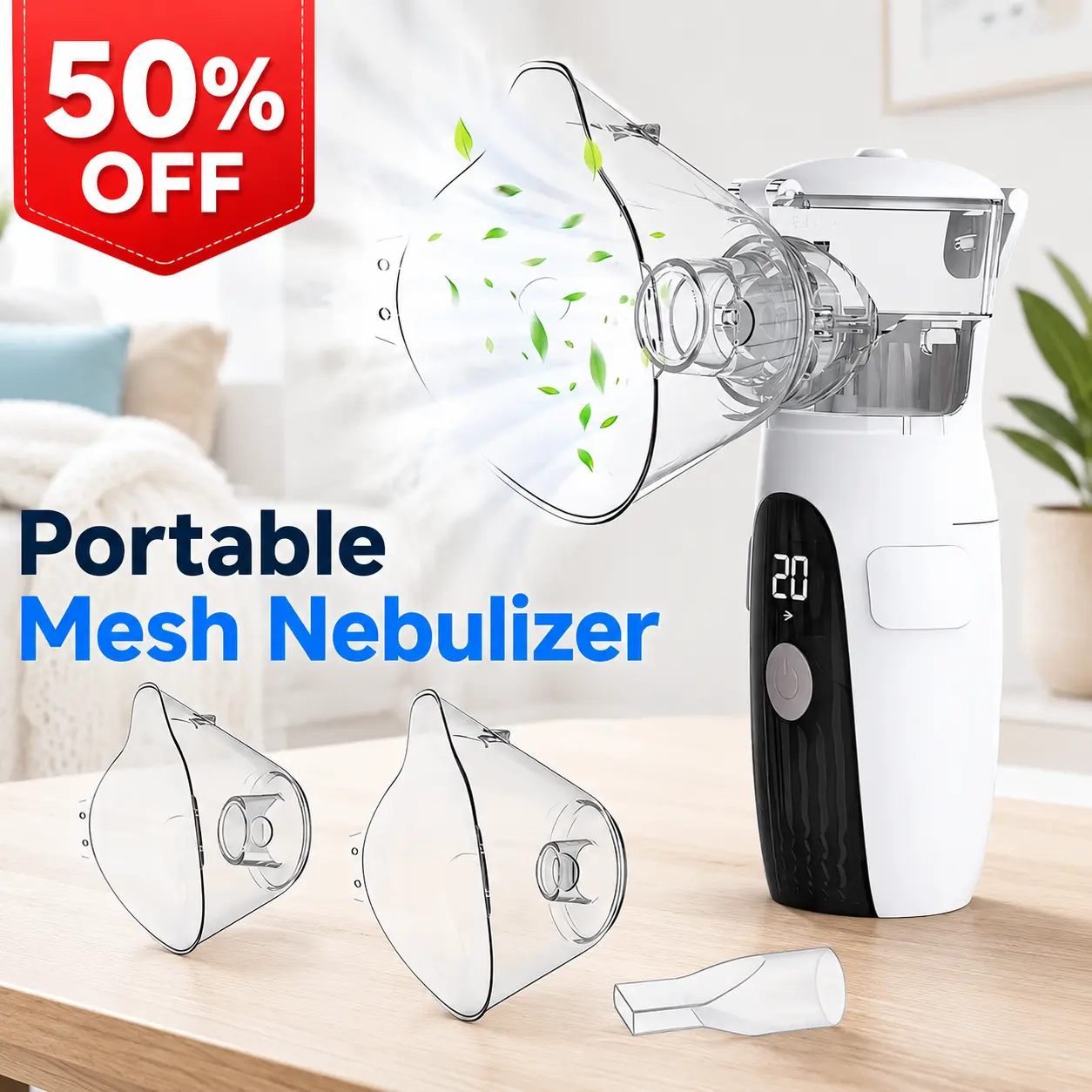 Portable Mesh Nebulizer with Auto-Cleaning, Whisper-Quiet Operation & LED Interface, Handheld Nebulizer for Adults & Kids, Battery or USB cable (Non-rechargeable), for Home & Travel Use, Includes 2 Masks + Mouthpiece, Back to School, Gift Ideals