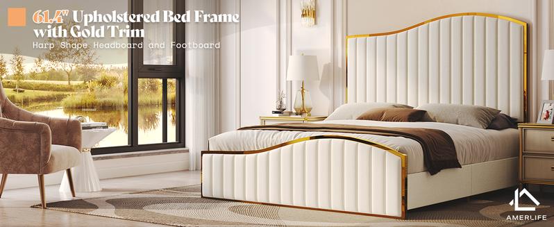 AMERLIFE 61.4 Tall Harp Bed Frame, Modern Velvet Upholstered Bed with Vertical Channel Gold Trim Headboard and Footboard/Comfortable&Sturdy/ Luxury Furniture Design/Queen/King Size/Best Gift Ideas/Christmas Gifts