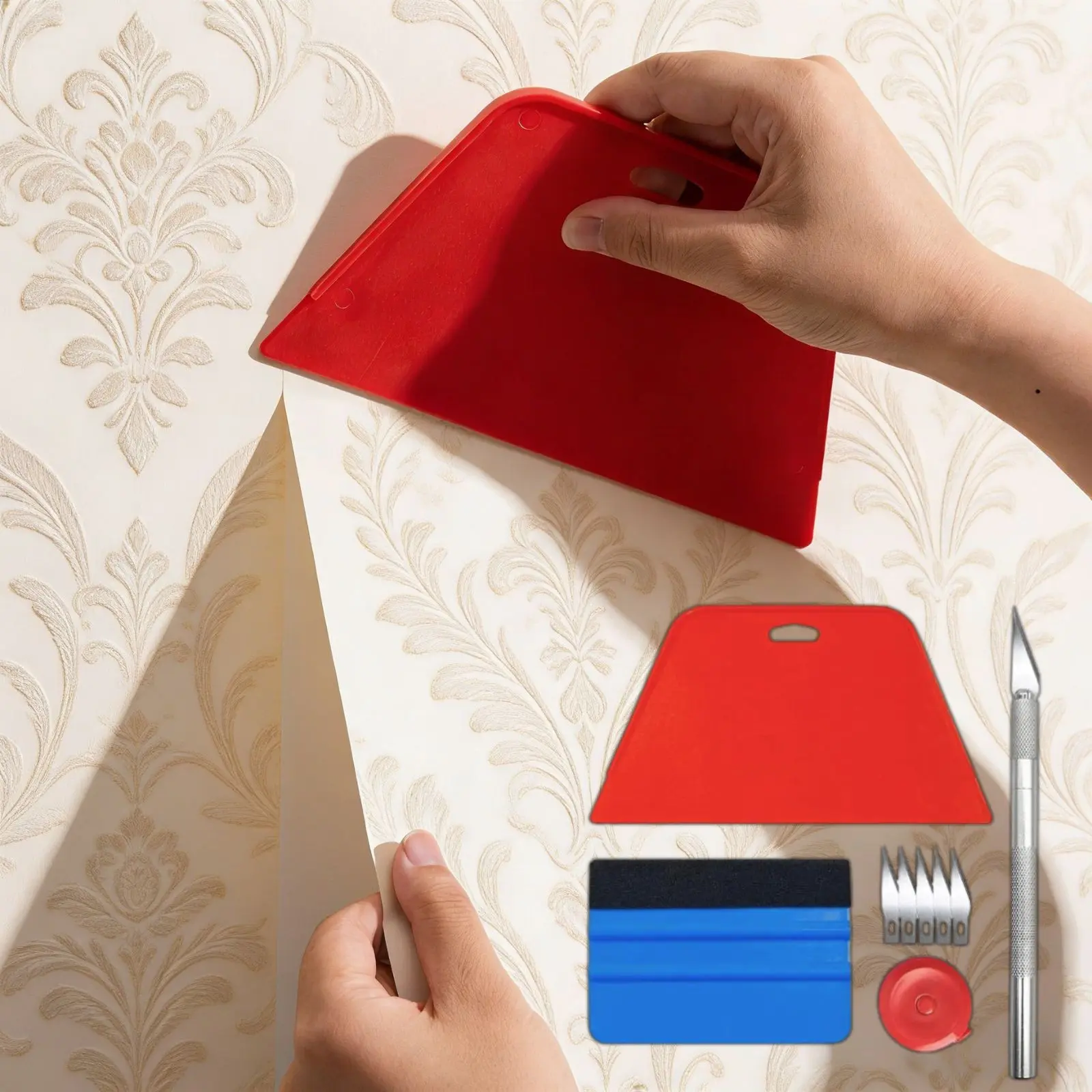 9pcs Peel and Stick Wallpaper Tools Set, Versatile Use, Wallpaper Application Spatula, Felt Squeegee, Tape Measure, 1 Craft Knife + 5 Metal Blades, Window Tinting Kit, Car Film Application Tool, for wallpaper, peel and stick wall tiles, Tinted Film