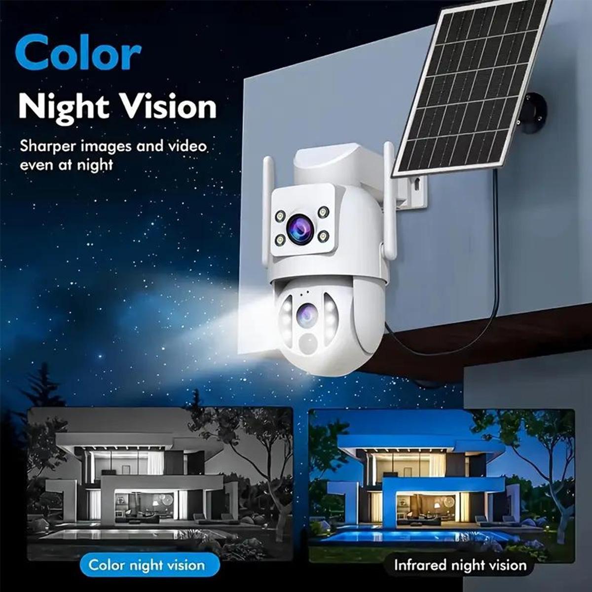 【JOOAN 2K 3MP WiFi Wireless Solar Dual Lens Outdoor 360° PTZ Dual Screen Security Camera】Outdoor/Indoor IP66 Waterproof, Color Night Vision, PIR Human Detection, Two-Way Talk, Auto Tracking, Siren Alarm, SD/Cloud Storage (Optional), Alexa Compatible