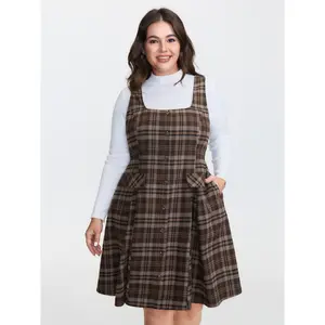BLOOMCHIC Plaid Pattern Button Pockets Midi Dress 2026 Summer Vibes Fit Casual