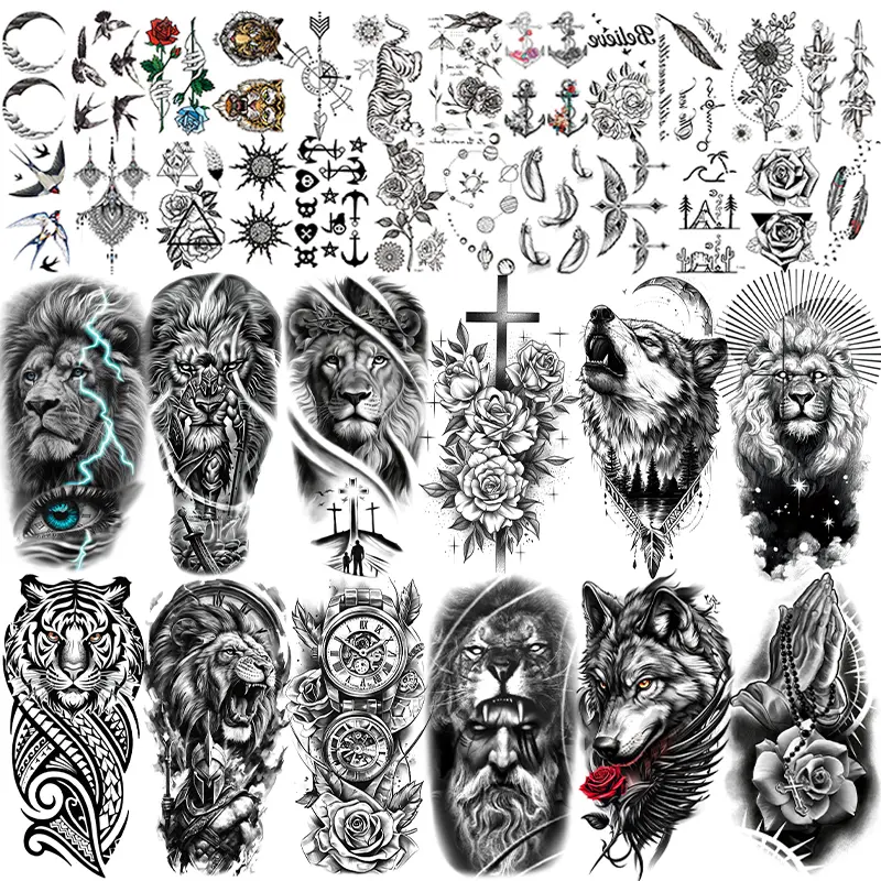 Temporary Tattoos, 36-Sheet Black Tiger Lion Wolf Totem Adult Tattoos Temporary, Fake Tattoos Men