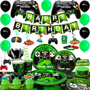 Gaming Birthday Party Supplies ,194pcs Video Game Party Decorations Tableware Set - Gaming Decorations Plates Cups Tablecloth Balloons Banner Cake Topper etc Game On Birthday Party Supplies