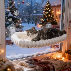 Christmas Magic Cat Window Perch - Cordless Hammock Bed with 4 Super Suction Cups & Reversible Cushion |   Indoor Window Mount Anti-Anxiety Cat Bed with Robust Metal Frame |   Perfect Holiday Gift for Pet Parents Foldable Sunbathing Lounge for Large Cats