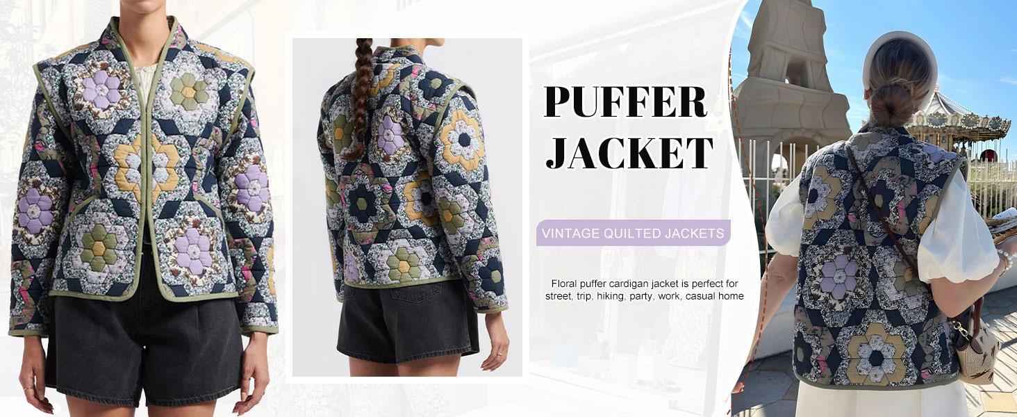 JovenPara Women's Cropped Floral Quilted Jacket Cardigan Printed Lightweight Open Front Padded Puffer Coat