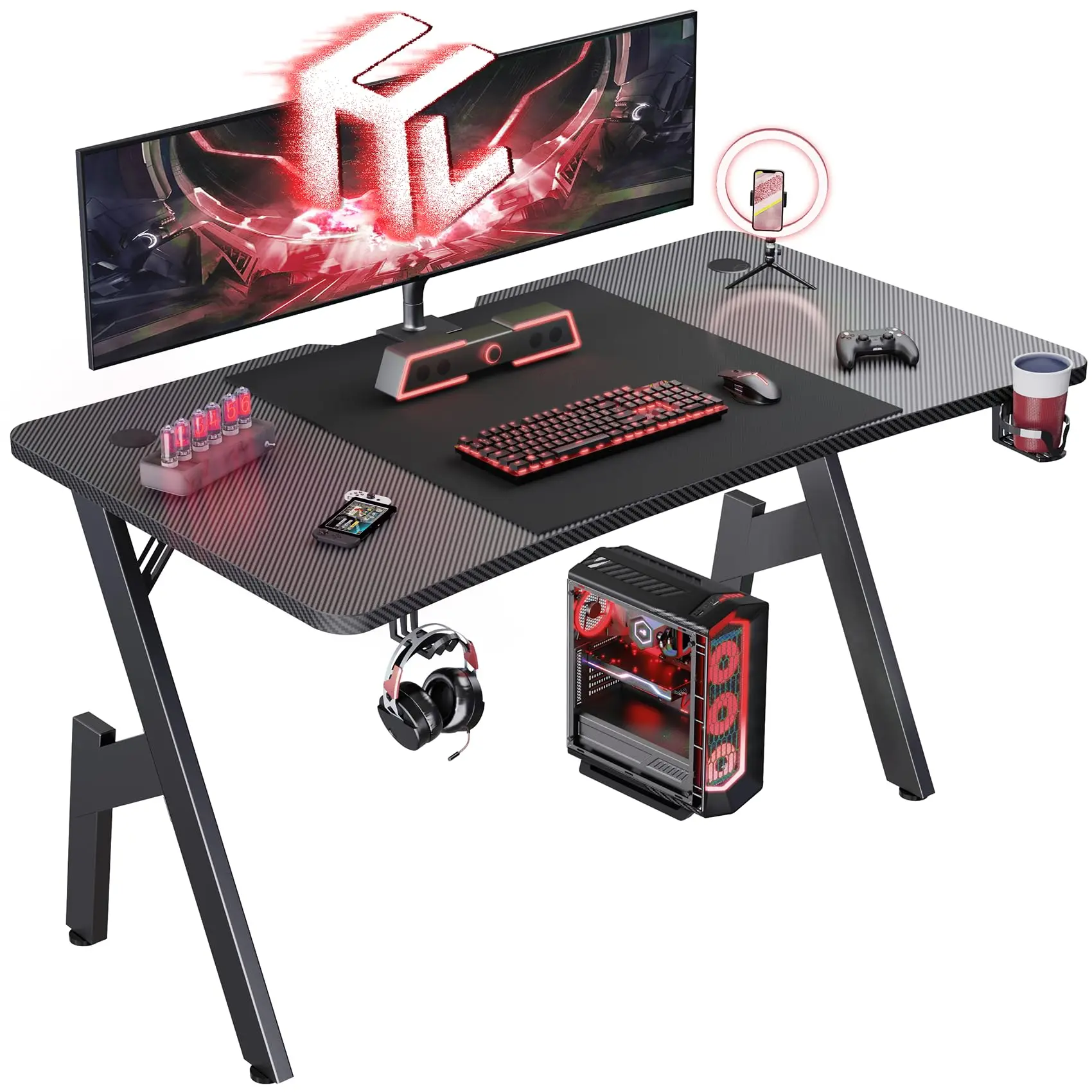 Minimalist Gaming Desk - Ergonomic Computer Table with Large Carbon Fiber Desktop, Curved Ergo Edge, Cup Holder & Headphone Hook, Gamer Stuff for Home Office Workstation, Desks for Gaming & Teenage Boy Gifts, Gaming Stuff, Curved Top Supports Natural Post