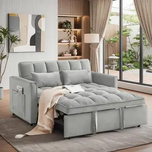 3 in 1 Convertible Sleeper Sofa Bed, Futon Couches for Living Room with Side Pocket/Adjustable Backrest, Velvet Upholstered Pull Out Couch, Small Loveseat Sofa Bed for Bedroom Office Small Spaces