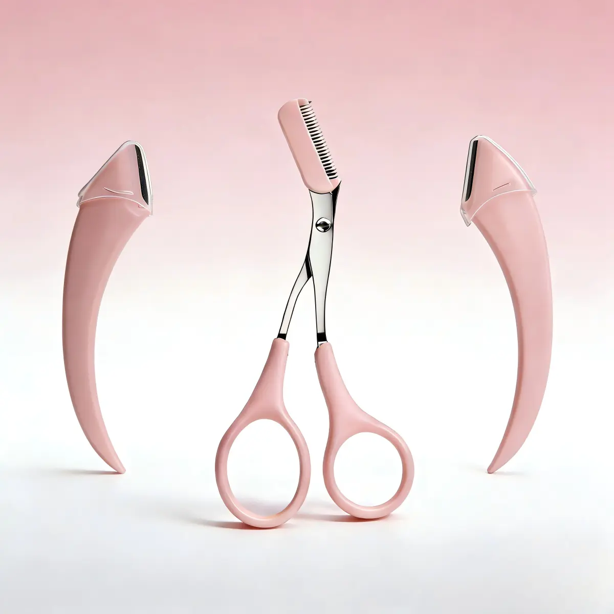 Pink 4-Piece Eyebrow Grooming Kit Tools - Imported Sharp Stainless Steel Blade, Curved Eyebrow Razors, Razors & Scissors for Adults, Trim Precisely, Clean Arches, Makeup Artist Pick