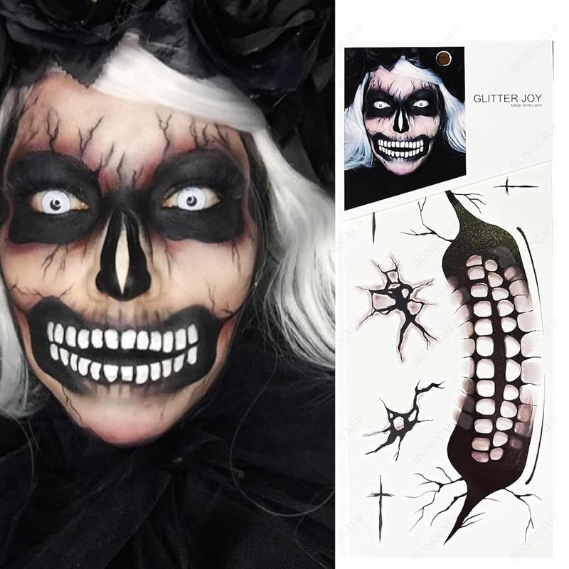 Fake Zombie Face Tattoos & Day of Dead Skull Stickers - Halloween Makeup Kit Accessories, Temporary Tattoo for Costume Prank, Women Men, Realistic Scar Wounds FX (3 Sheets)
