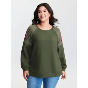 【Full Range of Motion】Bloomchic Crossstich Lace Trim Floral Embroidery Sweatshirt