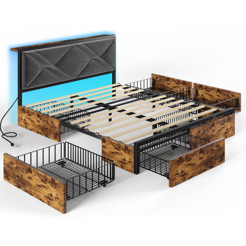 Raybee Luxury Bed Frame with 6 Storage Drawers,  LED Lights & Charging Station, Full Queen Platform Bed Frame with Upholstered Headboard & Shelf, No Noise, Holds 1000lbs, No Box Spring Needed,Easy Assembly, Black